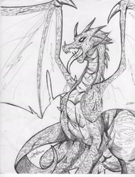 Size: 1785x2352 | Tagged: safe, artist:sakura_doujinshi_sd, dragon, fictional species, feral, ambiguous gender, grayscale, monochrome, open mouth, tongue, tongue out, traditional art
