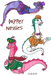 Size: 1629x2397 | Tagged: safe, artist:tektalox, happy ness (happy ness), kind ness (happy ness), loch ness monster, lovely ness (happy ness), feral, happy ness: the secret of the loch, 2d, female, females only, pink body, purple body, simple background, trio, trio female, white background, white body