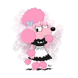 Size: 1200x1200 | Tagged: safe, artist:inklingbear, coco (bluey), canine, dog, mammal, poodle, semi-anthro, bluey (series), 2d, abstract background, clothes, female, hair, hairpin, maid outfit, on model, pink body, solo, solo female
