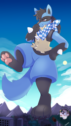 Size: 1800x3200 | Tagged: safe, artist:pixelyte, oc, oc only, oc:eden (pklucario), oc:ethan (pklucario), canine, fictional species, fox, lucario, mammal, anthro, nintendo, pokémon, 2021, ambiguous gender, bandanna, black body, black fur, black hair, blue body, blue fur, blushing, brown body, brown fur, building, cheek fluff, city, clothes, cloud, cream body, cream fur, digital art, duo, ear fluff, exclamation point, eyebrow through hair, eyebrows, fluff, fur, hair, looking up, low angle, macro, male, mountain, open mouth, paw pads, paws, picture-in-picture, raised leg, red eyes, scenery, signature, size difference, sun, tail, underpaw