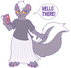 Size: 3906x3744 | Tagged: safe, artist:marykimer, mammal, mustelid, skunk, anthro, bottomwear, clothes, cup, drink, ears, fluff, fur, gray body, gray fur, hair, high res, male, paws, shirt, simple background, skirt, solo, solo male, speech bubble, straw, tail, tail fluff, text, topwear, transparent background, white body, white fur, white hair