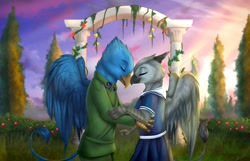 Size: 2560x1647 | Tagged: safe, artist:megabait, oc, bird, feline, fictional species, gryphon, mammal, anthro, beak, bird hands, blue body, blue feathers, blue fur, clothes, cuddle, duo, eyes closed, feathers, flower, fur, grass, gray body, gray feathers, gray fur, happy, leonine tail, love, scenery, side view, suit, tail, tree, wedding