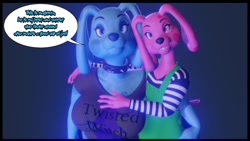 Size: 800x450 | Tagged: safe, artist:omochalaroo, blue (blue's clues), magenta (blue's clues), canine, dog, mammal, anthro, blue's clues, nickelodeon, 3d, anthrofied, bedroom eyes, big breasts, blue body, blue fur, breasts, dialogue, digital art, duo, female, femboy, fur, goth, looking at you, magenta body, magenta fur, male, rule 63, talking