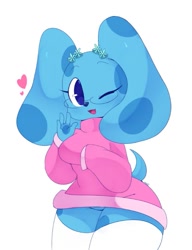 Size: 615x800 | Tagged: dead source, safe, artist:monimochi, blue (blue's clues), canine, dog, mammal, anthro, blue's clues, nickelodeon, blue body, blue fur, breasts, clothes, cute, female, front view, fur, glasses, heart, meganekko, one eye closed, open mouth, simple background, solo, solo female, three-quarter view, white background, winking