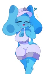 Size: 512x800 | Tagged: dead source, safe, artist:monimochi, blue (blue's clues), canine, dog, mammal, anthro, blue's clues, nickelodeon, blue body, blue fur, breasts, clothes, cute, eyes closed, female, front view, fur, laughing, open mouth, smiling, solo, solo female, three-quarter view