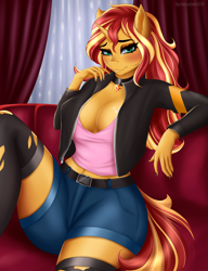 Size: 1280x1664 | Tagged: safe, artist:ashimaroo, sunset shimmer (mlp), equine, fictional species, mammal, pony, unicorn, anthro, friendship is magic, hasbro, my little pony, anthrofied, belly button, blushing, bottomwear, breasts, choker, cleavage, clothes, couch, ear fluff, eyebrows, eyelashes, female, fluff, fur, green eyes, hair, horn, jacket, legwear, long hair, looking at you, low cut top, multicolored hair, multicolored tail, red hair, red tail, shorts, sitting, solo, solo female, stockings, tail, thigh highs, topwear, two toned hair, two toned tail, yellow body, yellow fur, yellow hair, yellow tail