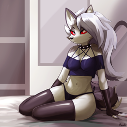 Size: 2100x2100 | Tagged: safe, artist:artmewli, loona (vivzmind), canine, fictional species, hellhound, mammal, anthro, hazbin hotel, helluva boss, 1:1, 2021, bed, belly button, black nose, breasts, clothes, collar, colored sclera, crop top, cropped shirt, ear fluff, ears, eyebrows, eyelashes, eyeshadow, female, fingerless gloves, fluff, fur, gloves, gray body, gray fur, hair, high res, legwear, long hair, makeup, midriff, multicolored fur, panties, red sclera, shoulder fluff, silver hair, solo, solo female, spiked collar, tail, tail fluff, thigh highs, thighs, topwear, underwear, white body, white eyes, white fur