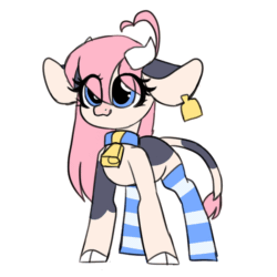 Size: 600x600 | Tagged: safe, artist:angelbeat-drift, oc, oc only, oc:maybelle, bovid, cattle, cow, mammal, feral, 2d, 2d animation, animated, clothes, cloven hooves, cute, eye through hair, eyes closed, female, frame by frame, gif, hair, hooves, legwear, pink hair, simple background, solo, solo female, striped clothes, striped legwear, tongue, tongue out, ungulate, white background