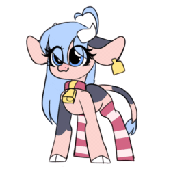 Size: 600x600 | Tagged: safe, artist:angelbeat-drift, oc, oc only, oc:annabelle, bovid, cattle, cow, mammal, feral, 2d, 2d animation, animated, blue hair, clothes, cloven hooves, cute, eye through hair, eyes closed, female, frame by frame, gif, hair, hooves, legwear, simple background, solo, solo female, striped clothes, striped legwear, tongue, tongue out, ungulate, white background