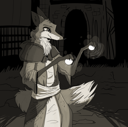 Size: 2500x2475 | Tagged: safe, artist:garbagegarage, oc, oc:vesper (garbagegarage), canine, fox, mammal, anthro, clothes, high res, male, monochrome, robe, solo, solo male, webcomic:lightless land