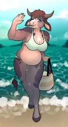 Size: 1110x2048 | Tagged: safe, artist:wynyra, bovid, cattle, cow, mammal, anthro, beach, belly, big breasts, bikini, breasts, clothes, female, horns, solo, solo female, swimsuit