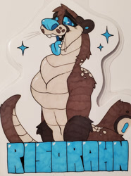 Size: 951x1280 | Tagged: safe, artist:gemkin, oc, oc only, oc:risorahn, hybrid, mammal, mustelid, otter, reptile, semi-anthro, 2020, ambiguous gender, badge, belly button, blue eyes, blue nose, blue tongue, brown body, brown fur, colored tongue, cream body, cream scales, front view, fur, irl, open mouth, photo, photographed artwork, saliva, sharp teeth, solo, solo ambiguous, tail, teeth, tongue, tongue out, traditional art, whiskers