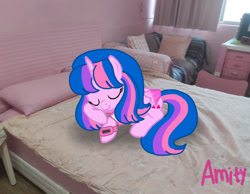 Size: 1280x994 | Tagged: safe, artist:徐詩珮, oc, oc only, oc:hsu amity, alicorn, equine, fictional species, mammal, pony, feral, friendship is magic, hasbro, my little pony, bed, eyes closed, female, lying down, mare, napping, photo, prone, sleeping, solo, solo female, watch