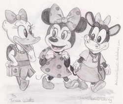 Size: 2170x1842 | Tagged: safe, artist:animationfanatic, clarabelle cow (disney), daisy duck (disney), minnie mouse (disney), bird, bovid, cattle, cow, duck, mammal, mouse, rodent, waterfowl, anthro, disney, mickey and friends, 2d, bow, clothes, dress, female, females only, hair bow, lunchbox, monochrome, traditional art, trio, trio female, young, younger