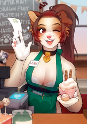 Size: 899x1280 | Tagged: safe, artist:superhensa, oc, oc only, oc:lexie, canine, dog, mammal, anthro, 2019, apron, bracelet, breasts, brown body, brown eyes, brown fur, brown hair, cake pop, cleavage, clothes, coffee, collar, cream body, cream fur, digital art, drink, female, food, fur, hair, heart, jewelry, looking at you, multicolored fur, name tag, one eye closed, open mouth, open smile, smiling, smiling at you, solo, solo female, text, tip jar, tongue, waitress, winking