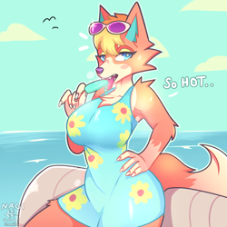 Size: 3840x3840 | Tagged: suggestive, alternate version, artist:nagifur, audie (animal crossing), canine, mammal, wolf, anthro, animal crossing, animal crossing: new horizons, nintendo, 2021, big breasts, blonde hair, blue eyes, blushing, breasts, clothes, dialogue, dress, eyewear, female, food, fur, glasses, hair, high res, looking at you, open mouth, orange body, orange fur, popsicle, sea salt ice cream, simple background, solo, solo female, summer, sunglasses, sweat, talking, text, thick thighs, thighs