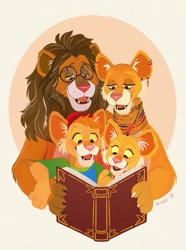 Size: 763x1024 | Tagged: source needed, safe, artist:nikki19, cleo (between the lions), big cat, feline, lion, mammal, semi-anthro, between the lions, pbs, 2d, book, cub, daughter, family, father, father and child, father and daughter, father and son, female, fur, group, holding, holding book, holding object, leona (between the lions), lionel (between the lions), lioness, male, mother, mother and child, mother and daughter, mother and son, reading, son, theo (between the lions), yellow body, yellow fur, young
