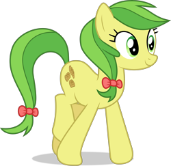 Size: 4256x4130 | Tagged: safe, artist:thatusualguy06, apple fritter (mlp), earth pony, equine, fictional species, mammal, pony, feral, friendship is magic, hasbro, my little pony, .svg available, 2021, absurd resolution, bow, female, green eyes, green hair, hair, hair bow, mare, on model, simple background, smiling, solo, solo female, tail, tail bow, transparent background, vector, walking, yellow body