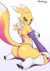 Size: 2480x3508 | Tagged: suggestive, alternate version, artist:moodang, fictional species, renamon, anthro, digitigrade anthro, digimon, 2021, adorasexy, armwear, big breasts, big butt, bikini, black nose, black sclera, body markings, breasts, bridal gauntlets, butt, claws, clothes, colored sclera, cute, cute little fangs, dipstick ears, dipstick tail, ears, facial markings, fangs, female, fluff, fur, gradient background, gray eyes, hand on knee, high res, kneeling, looking at you, looking back, looking back at you, micro bikini, multicolored fur, neck fluff, open mouth, paws, rear view, sexy, sideboob, silver eyes, socks (leg marking), solo, solo female, swimsuit, tail, teeth, thick thighs, thighs, three-quarter view, tongue, two toned body, two toned fur, white body, white fur, yellow body, yellow fur