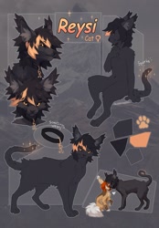 Size: 1501x2160 | Tagged: safe, artist:reysi, oc, oc only, oc:reysi, canine, cat, feline, fox, mammal, anthro, feral, 2020, ambiguous gender, belly button, black body, black fur, black hair, black nose, black sclera, blue eyes, brown body, brown fur, collar, color palette, colored sclera, cream body, cream fur, digital art, duality, duo, ear tuft, eyebrow through hair, eyebrows, female, female symbol, fur, gender symbol, hair, hand on chest, heart, looking at you, multicolored hair, orange eyes, orange hair, outline, photo background, raised leg, raised tail, reference sheet, shipping, sitting, size difference, solo focus, sparks, tail, two toned hair, white body, white fur, yellow body, yellow fur