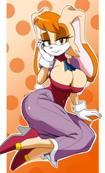 Size: 2022x3300 | Tagged: suggestive, artist:mergerwitter, vanilla the rabbit (sonic), lagomorph, mammal, rabbit, anthro, sega, sonic the hedgehog (series), 2020, big breasts, border, breasts, cleavage, clothes, cream body, cream fur, dress, eyelashes, female, fur, gloves, hair, hand on face, high heels, high res, long ears, looking at you, mature, mature female, multicolored fur, orange hair, shoes, short tail, smiling, smiling at you, solo, solo female, tail, teeth, white border, yellow eyes