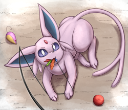 Size: 1600x1376 | Tagged: safe, artist:otakuap, eeveelution, espeon, fictional species, mammal, feral, nintendo, pokémon, 2019, 2d, behaving like a cat, black nose, cute, digital art, ears, fur, holding, looking at you, mouth hold, paws, tail, toy