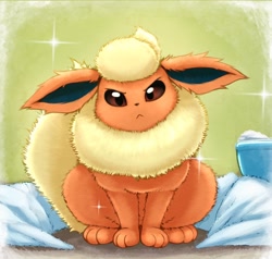Size: 1280x1216 | Tagged: safe, artist:otakuap, eeveelution, fictional species, flareon, mammal, feral, nintendo, pokémon, 2019, 2d, after shower, behaving like a cat, black nose, cute, digital art, ears, fluff, fur, hair, looking at you, neck fluff, paws, sitting, tail, towel, unamused