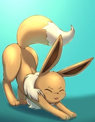Size: 993x1280 | Tagged: safe, artist:otakuap, eevee, eeveelution, fictional species, mammal, feral, nintendo, pokémon, 2019, 2d, black nose, blep, cute, digital art, ears, eyes closed, fluff, fur, neck fluff, paws, stretching, tail, tongue, tongue out