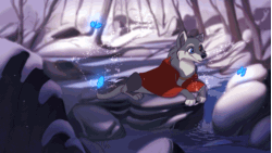 Size: 1001x563 | Tagged: safe, artist:tuwka, arthropod, butterfly, canine, insect, mammal, wolf, feral, 2d, 2d animation, ambiguous gender, animated, cute, frame by frame, gif, heterochromia, snow, solo, solo ambiguous