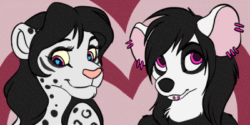 Size: 400x200 | Tagged: dead source, safe, artist:tuwka, big cat, feline, leopard, mammal, feral, 2d, 2d animation, animated, cute, duo, female, feral/feral, frame by frame, gif, heart, kissing, low res, male, male/female, pink eyes