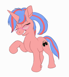 Size: 500x558 | Tagged: safe, artist:tuwka, equine, fictional species, mammal, pony, unicorn, feral, friendship is magic, hasbro, my little pony, 2d, 2d animation, animated, cute, cutie mark, dancing, eyes closed, female, frame by frame, fur, gif, glasses, hair, horn, mane, mare, meganekko, pink body, pink fur, solo, solo female, striped mane, striped tail, stripes, tail