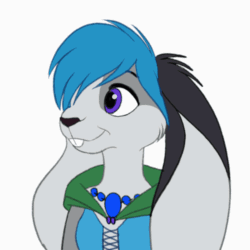 Size: 500x500 | Tagged: safe, artist:tuwka, lagomorph, mammal, rabbit, anthro, 2d, 2d animation, ambiguous gender, animated, blinking, blue hair, cute, ears, frame by frame, fur, gif, gray body, gray fur, hair, laughing, low res, purple eyes, simple background, solo, solo ambiguous, white background