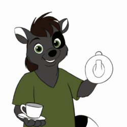 Size: 500x500 | Tagged: safe, artist:tuwka, ambiguous species, anthro, 2d, 2d animation, ambiguous gender, animated, black hair, cute, drink, frame by frame, fur, gif, gray body, gray fur, green eyes, hair, low res, open mouth, saucer, simple background, solo, solo ambiguous, tea, teacup, teapot, white background
