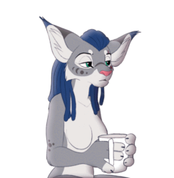 Size: 500x512 | Tagged: safe, artist:tuwka, feline, lynx, mammal, anthro, 2d, 2d animation, animated, blue hair, breasts, coffee, cyan eyes, drink, drinking, featureless breasts, female, frame by frame, gif, hair, simple background, solo, solo female, white background