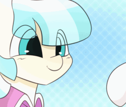 Size: 972x827 | Tagged: safe, artist:n0nnny, coco pommel (mlp), equine, mammal, pony, feral, friendship is magic, hasbro, my little pony, 2d, 2d animation, animated, blushing, boop, cute, eye through hair, female, female focus, frame by frame, gif, hair, mare, solo focus, ungulate