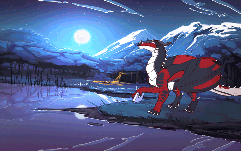84869 - safe, artist:alphas, dragon, fictional species, western dragon,  feral, 2d, 2d animation, ambiguous gender, animated, book, frame by frame,  full moon, gif, moon, mountain, night, night sky, scenery, scenery porn,  sky,