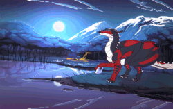 Size: 1400x878 | Tagged: safe, artist:alphas, dragon, fictional species, western dragon, feral, 2d, 2d animation, ambiguous gender, animated, book, frame by frame, full moon, gif, holding, holding book, holding object, moon, mountain, night, night sky, scenery, scenery porn, sky, solo, solo ambiguous, tree, water