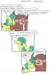 Size: 1280x1852 | Tagged: safe, artist:cmara, sandbar (mlp), yona (mlp), earth pony, equine, fictional species, mammal, pony, yak, friendship is magic, hasbro, my little pony, 2019, angry, blushing, comic, dialogue, duo, eyes closed, female, male, male/female, open mouth, shipping, talking, traditional art, yonabar (mlp)