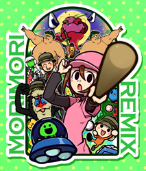 Size: 1233x1446 | Tagged: safe, artist:てんどし, part of a set, dj student (rhythm heaven), dj yellow (rhythm heaven), dog ninja (rhythm heaven), inu-sensei (rhythm heaven), alien, canine, dog, fictional species, human, mammal, mandrill, monkey, primate, anthro, feral, humanoid, nintendo, rhythm heaven, :d, :o, ambiguous gender, ball, baseball, baseball bat, baseball cap, cap, clothes, eyes closed, female, flower, food, group, hat, leaf, looking at you, male, nudity, partial nudity, show accurate, sushi