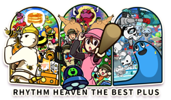 Size: 2608x1527 | Tagged: safe, artist:てんどし, alalin (rhythm heaven), baxter (rhythm heaven), chorus kid (rhythm heaven), courtney (rhythm heaven), dj student (rhythm heaven), dj yellow (rhythm heaven), dog ninja (rhythm heaven), forthington (rhythm heaven), inu-sensei (rhythm heaven), karate joe (rhythm heaven), muscle doll (rhythm heaven), plalin (rhythm heaven), alien, animate doll, animate object, arthropod, bee, big cat, canine, cat, dog, feline, fictional species, fillbot, goo creature, human, insect, lion, mammal, mandrill, monkey, primate, robot, anthro, feral, humanoid, nintendo, rhythm heaven, :d, :o, ambiguous gender, badminton, ball, baseball, baseball bat, baseball cap, boxing gloves, cap, child, clothes, creepy, doll, eyes closed, fake antennae, fake tail, fangs, female, flower, food, gloves, goo, group, happy, hat, headphones, honey, leaf, lightbulb, looking at you, male, muscles, muscular male, nudity, open mouth, pancakes, partial nudity, punching bag, racket, sharp teeth, show accurate, simple background, sushi, teeth, white background, young
