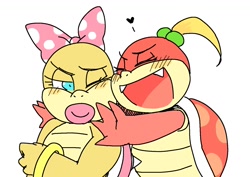 Size: 1518x1075 | Tagged: safe, artist:塩田, pom pom (mario), wendy o. koopa (mario), fictional species, koopa, reptile, turtle, anthro, mario (series), nintendo, blushing, bow, bracelet, duo, duo female, eyes closed, fangs, female, females only, hair, heart, hug, jewelry, open mouth, ponytail, sharp teeth, shipping, simple background, teeth, tongue, white background