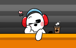 Size: 1500x950 | Tagged: safe, artist:starjetiplays, barista (rhythm heaven), canine, dog, mammal, feral, nintendo, rhythm heaven, coffee, drink, headphones, heart, looking at you, male, one eye closed, solo, solo male, table, tail, winking