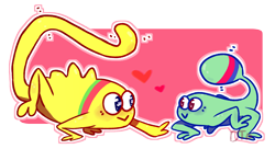 Size: 1980x1081 | Tagged: safe, artist:dancingtoucan, lizard, reptile, feral, nintendo, rhythm heaven, :>, couple, cute, duo, female, heart, male, male/female, shipping, simple background, tail, transparent background