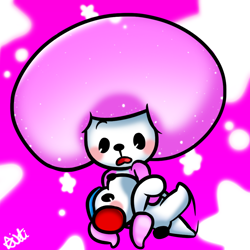Size: 1000x1000 | Tagged: safe, artist:starjetiplays, barista (rhythm heaven), tibby (rhythm heaven), bear, canine, dog, mammal, anthro, feral, nintendo, rhythm heaven, cub, duo, duo male, headphones, male, males only, pink background, simple background, stars, tail, young