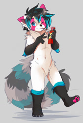 Size: 863x1280 | Tagged: species needed, safe, artist:feve, mammal, anthro, plantigrade anthro, 2021, belly button, black body, black fur, black hair, blue body, blue fur, blue hair, cheek fluff, cream body, cream fur, digital art, featureless crotch, fluff, front view, fur, gloves (arm marking), gray background, hair, hand hold, holding, male, neck fluff, paw pads, paws, pink body, pink fur, pocky, pubic fluff, raised leg, simple background, socks (leg marking), solo, solo male, standing, tail, tail fluff