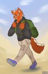 Size: 1080x1661 | Tagged: safe, artist:fatbludragon, oc, canine, mammal, wolf, anthro, cargo pants, clothes, hoodie, male, rucksack, solo, solo male, topwear, walking, wanderer