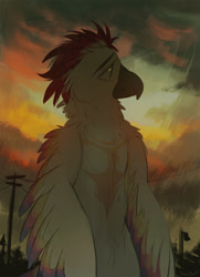 Size: 700x967 | Tagged: safe, artist:orcaowl, oc, bird, anthro, 2021, ambiguous gender, beak, cheek fluff, cloud, cream feathers, digital art, eyebrows, feathers, fluff, neck fluff, outdoors, profile, red feathers, sad, side view, solo, solo ambiguous, utility pole, winged arms, yellow feathers