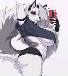 Size: 5649x6338 | Tagged: suggestive, alternate version, artist:cervina7, loona (vivzmind), canine, fictional species, hellhound, mammal, anthro, hazbin hotel, helluva boss, 2021, absurd resolution, big butt, black nose, blushing, bottomwear, breasts, butt, cell phone, clothes, collar, crop top, ear fluff, ear piercing, earring, ears, eyebrow piercing, eyebrows, eyelashes, eyeshadow, female, fingerless gloves, fluff, fur, gloves, gray body, gray fur, gray hair, hair, hair over one eye, heart, huge breasts, long hair, looking at you, love heart, makeup, multicolored fur, phone, piercing, side view, sideboob, simple background, smartphone, smiling, smiling at you, solo, solo female, spiked collar, tail, tail fluff, thick thighs, thighs, topwear, white background, white body, white fur, wide hips
