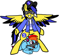 Size: 5706x5284 | Tagged: safe, artist:mrstheartist, rainbow dash (mlp), oc, oc only, oc:ponyseb 2.0, oc:rainbow eevee, eevee, eeveelution, equine, fictional species, hybrid, mammal, pegasus, pokémon pony, pony, feral, friendship is magic, hasbro, my little pony, nintendo, pokémon, absurd resolution, base used, bipedal, black outline, cap, clothes, colored wings, duo, female, gangnam style, glasses, hat, hoodie, male, male/female, simple background, stallion, sunglasses, topwear, transparent background, wings