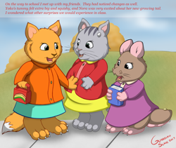 Size: 920x775 | Tagged: safe, artist:guardianslade, lily (timothy goes to school), yoko (timothy goes to school), canine, cat, dragon, feline, fictional species, fox, hybrid, mammal, mouse, red fox, rodent, semi-anthro, pbs, timothy goes to school, 2d, brown body, brown fur, cub, female, females only, fur, gray body, gray fur, murine, nora (timothy goes to school), orange body, orange fur, trio, trio female, vixen, young